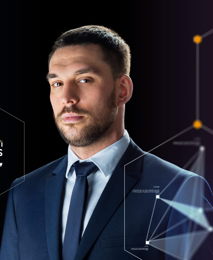 Profesional de traje frente a una visualización de redes de datos